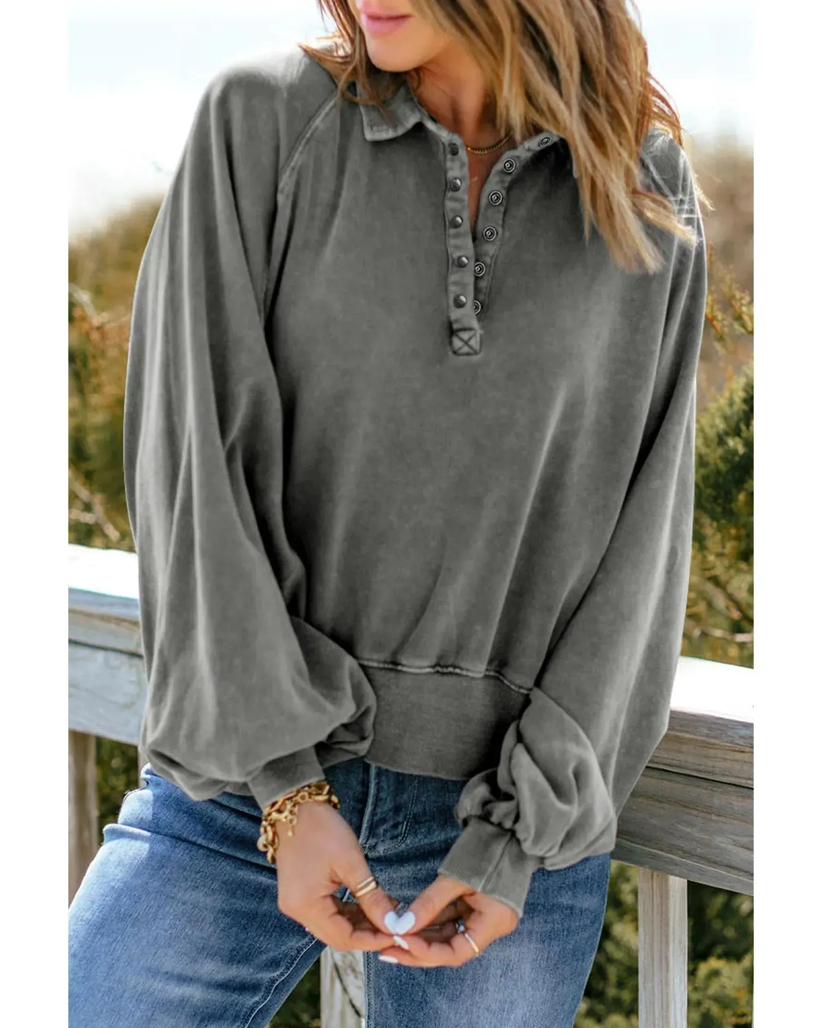 Azura Exchange Washed Snap Buttons Lantern Sleeve Pullover Sweatshirt - 2XL