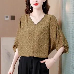 Batwing Sleeve V-Neck Print Loose Fit Linen Cotton Polka Dot Slimming Short Sleeve Tee