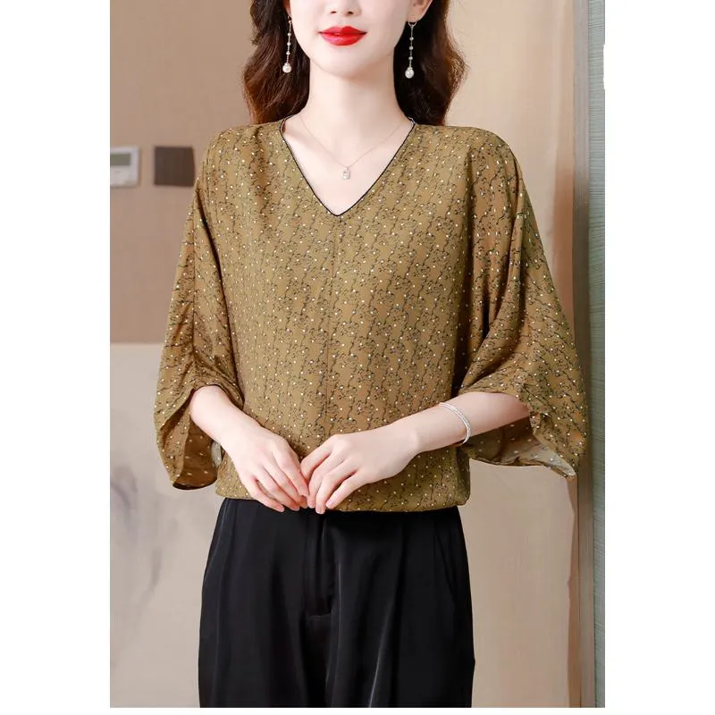 Batwing Sleeve V-Neck Print Loose Fit Linen Cotton Polka Dot Slimming Short Sleeve Tee