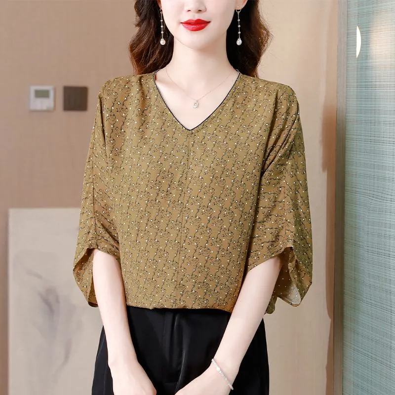 Batwing Sleeve V-Neck Print Loose Fit Linen Cotton Polka Dot Slimming Short Sleeve Tee