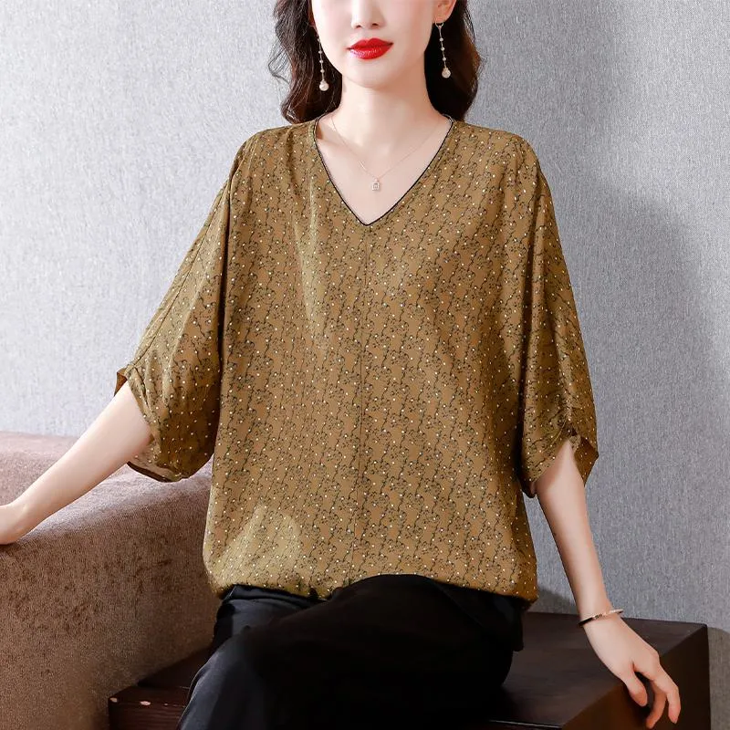 Batwing Sleeve V-Neck Print Loose Fit Linen Cotton Polka Dot Slimming Short Sleeve Tee