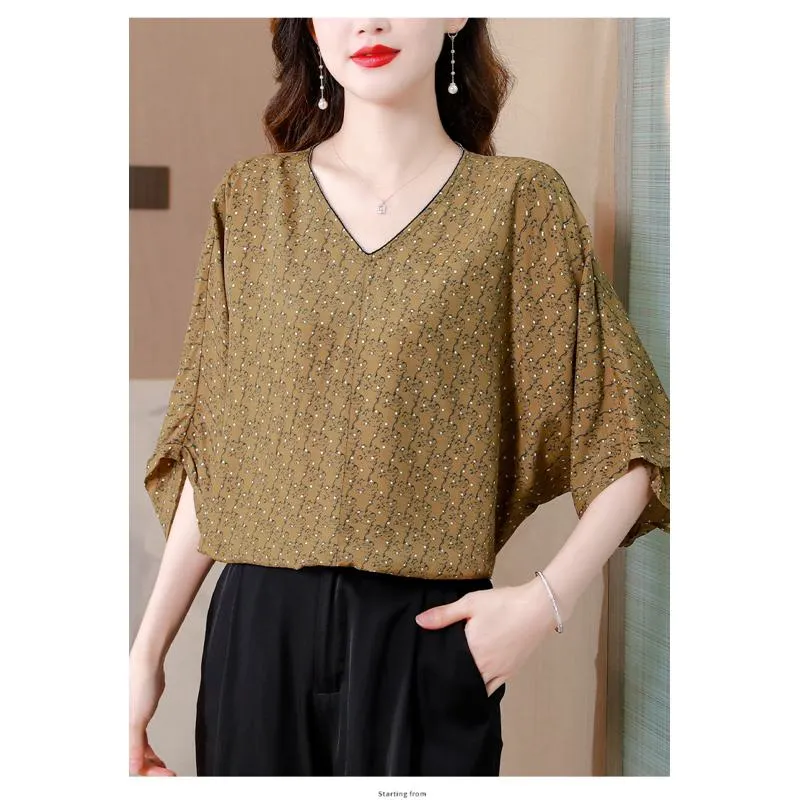 Batwing Sleeve V-Neck Print Loose Fit Linen Cotton Polka Dot Slimming Short Sleeve Tee