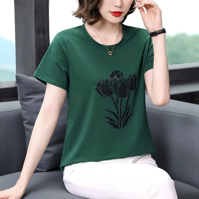 Beaded Embroidery Round Neck Rose Sequined Loose Fit Pure Cotton Short Sleeve Tee