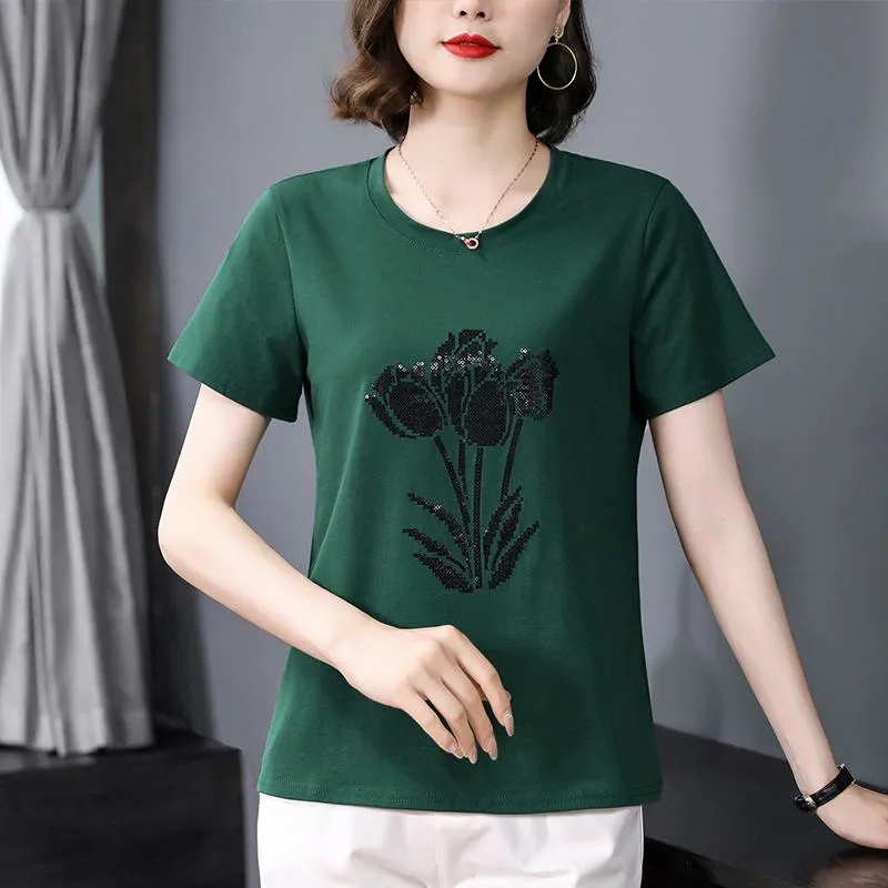 Beaded Embroidery Round Neck Rose Sequined Loose Fit Pure Cotton Short Sleeve Tee