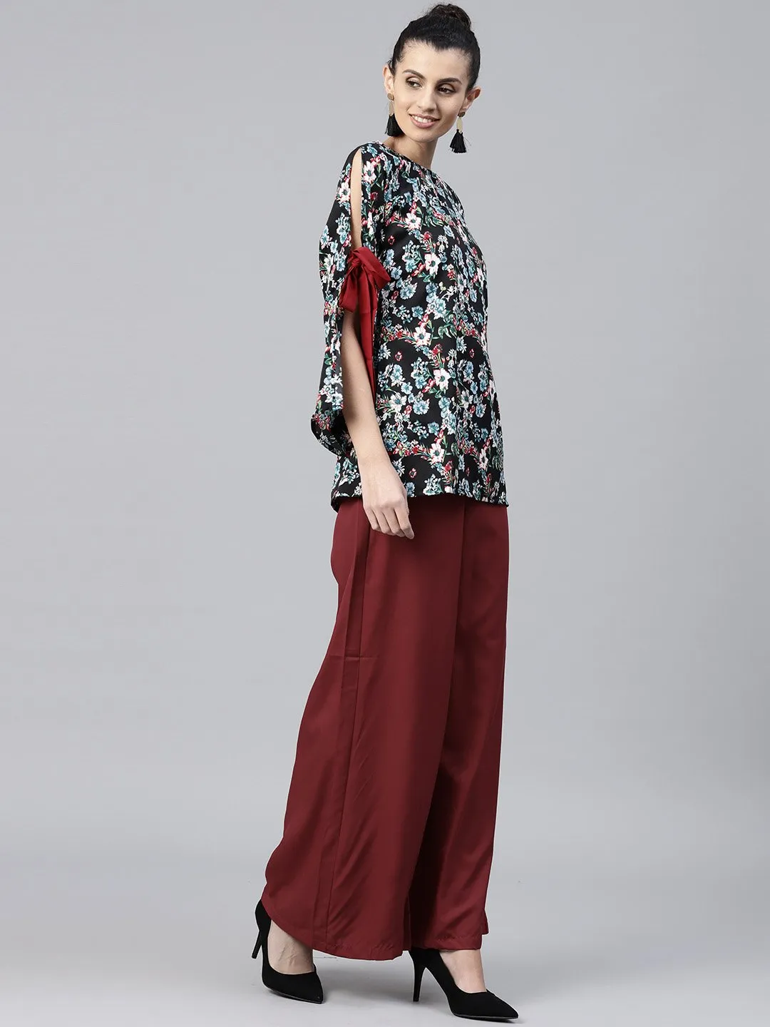 Black & Blue Printed Full Sleeve Crepe Tops With Red Palazzo