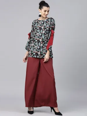 Black & Blue Printed Full Sleeve Crepe Tops With Red Palazzo