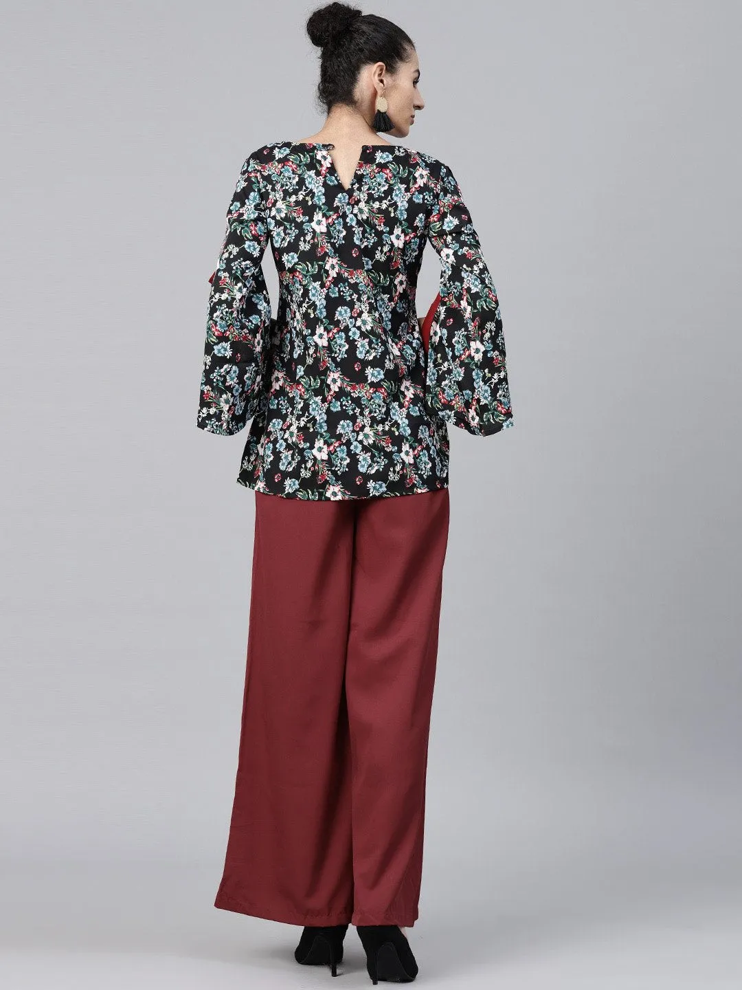 Black & Blue Printed Full Sleeve Crepe Tops With Red Palazzo