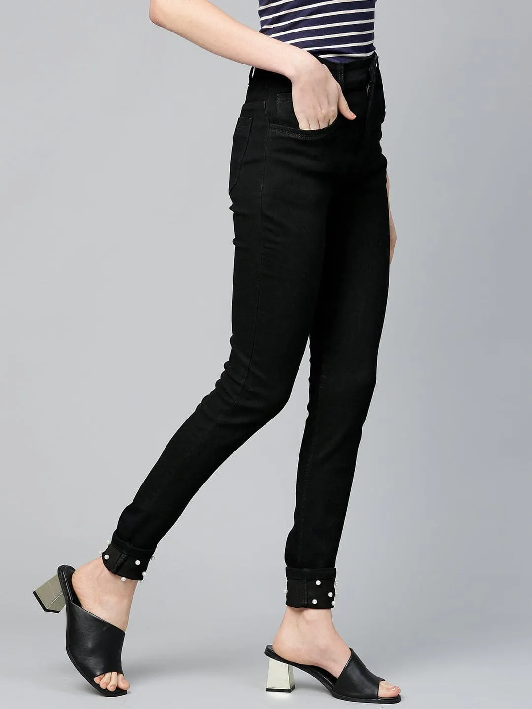 Black Pearl Studded Hem Jeans