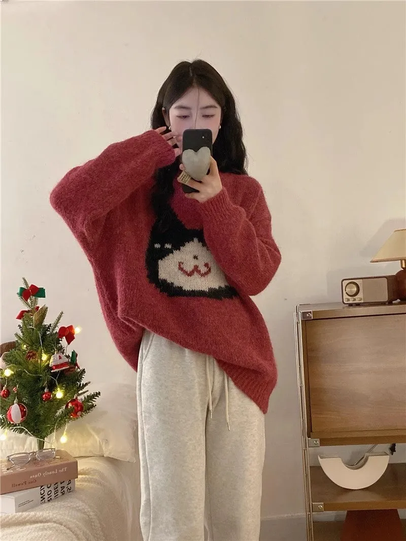 Cartoon cat embroidery soft sweater for women New Year red sweater top    S5058