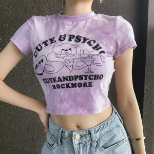 Cartoon Pattern Cute Purple Tie Dye Casual Short Sleeve Crop Top Tees