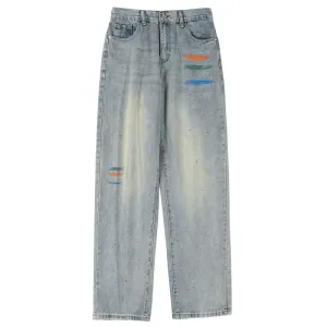 Casual Ink Splashing Worn-Out Look Washed Out Loose Fit Straight Retro Jeans