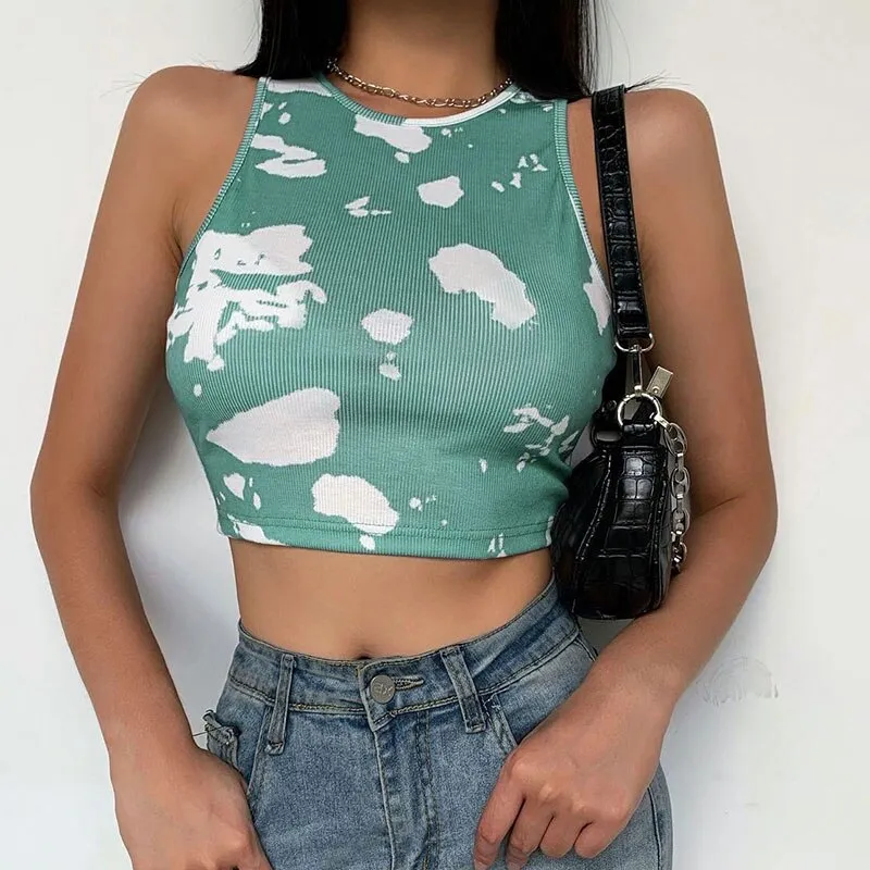 Casual Workout Tank Tops Slim Tie Dye Print Cute Summer Bralette Crop Top Sleeveless