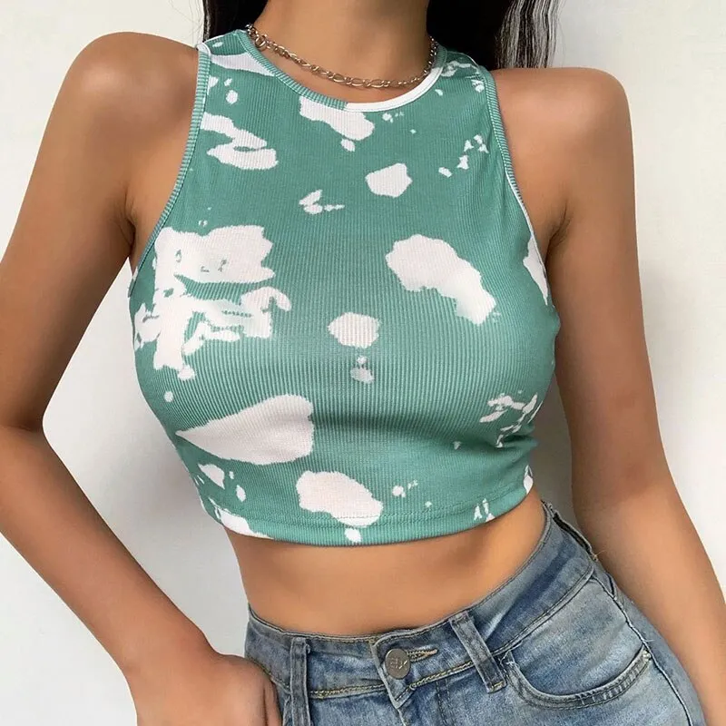 Casual Workout Tank Tops Slim Tie Dye Print Cute Summer Bralette Crop Top Sleeveless