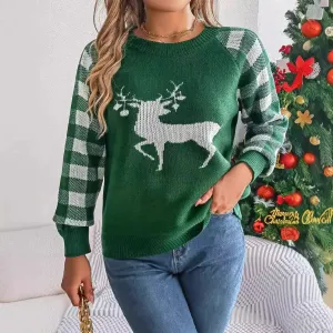 Checkered Deer Long Sleeve Hoodie Red Green Knitted Pullover Christmas Sweater