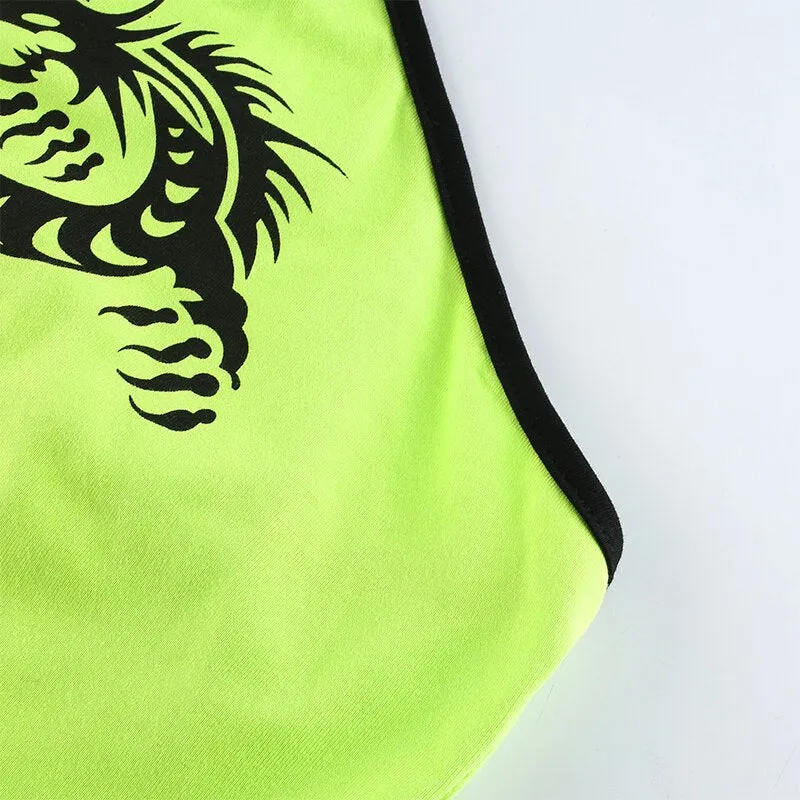 Chinese Style Dragon Print Cute Crop Top Sexy Slim Outfit Tank Top Sleeveless