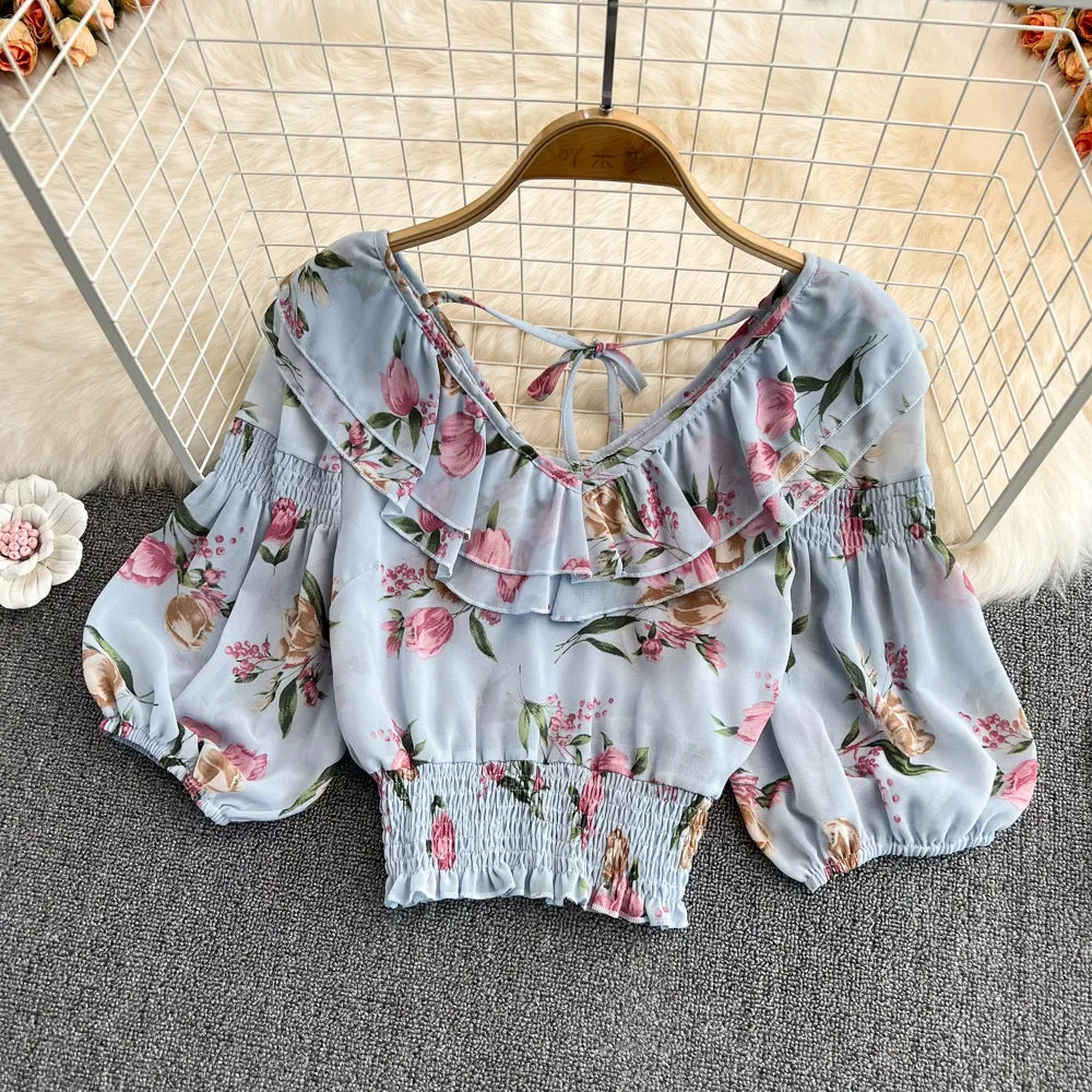 Cute v neck chiffon tops crop tops  S512