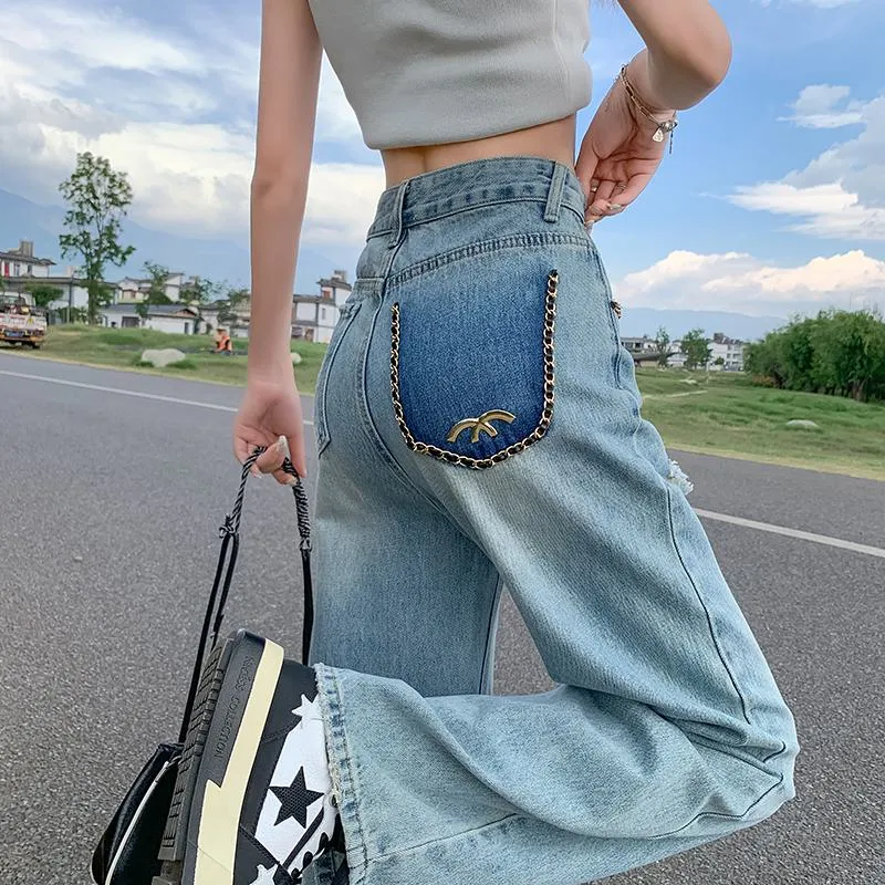 Embroidery Craft Floor-Length Distressed Jeans