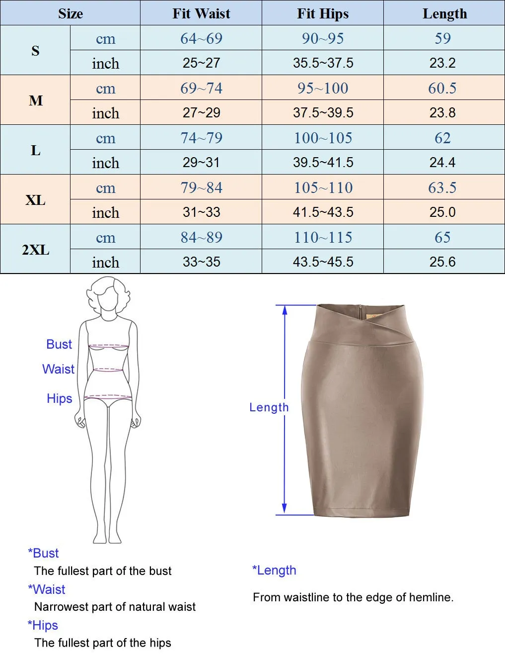 Faux Leather Back Split Knee Length Pencil High Waisted Skirts For Women