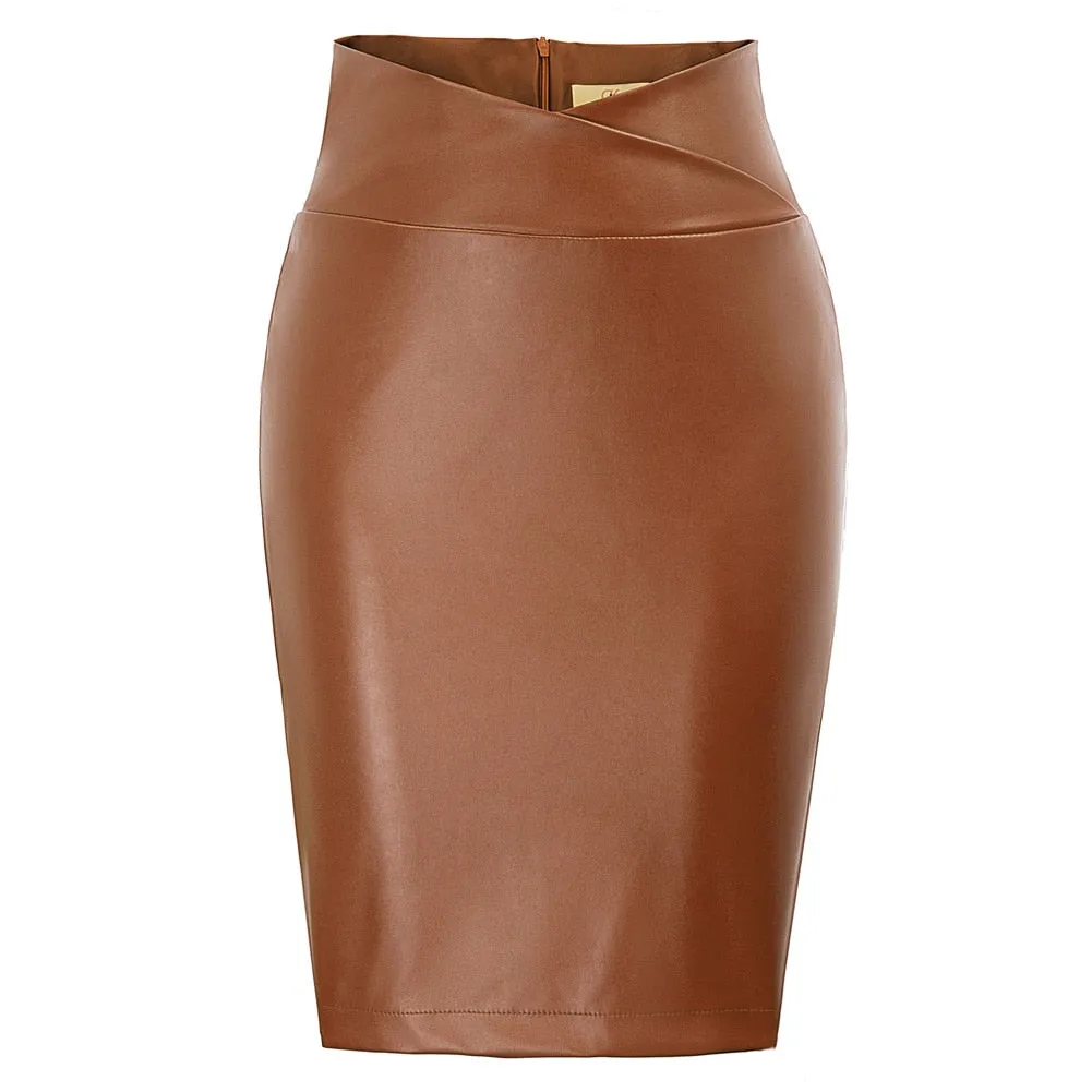 Faux Leather Back Split Knee Length Pencil High Waisted Skirts For Women