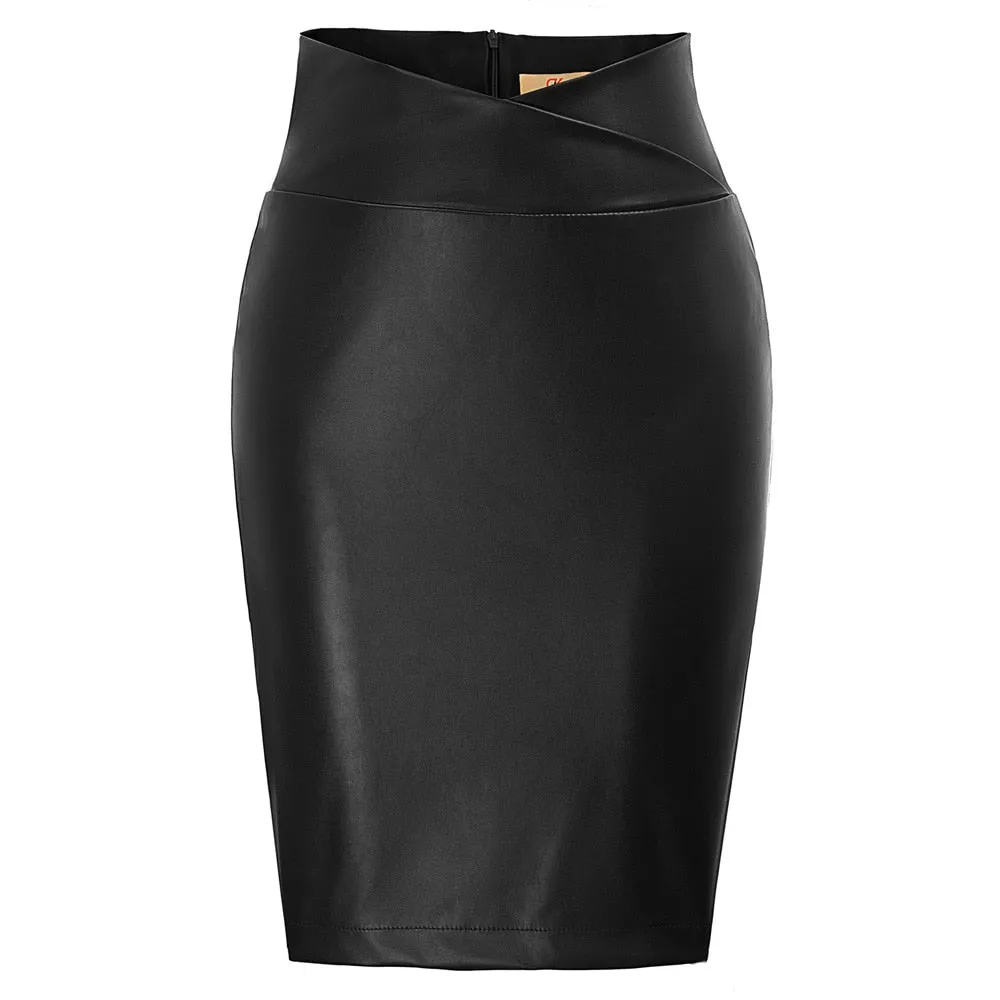 Faux Leather Back Split Knee Length Pencil High Waisted Skirts For Women