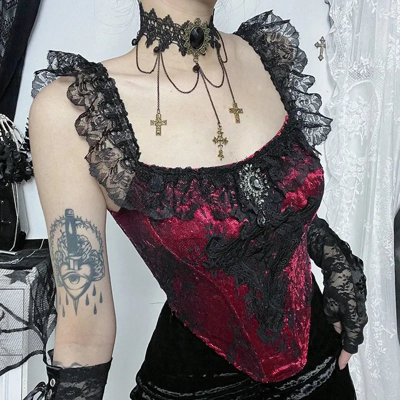 Gothic Ruched Lace Tube Victorian Crop Bustier Punk Patchwork Top