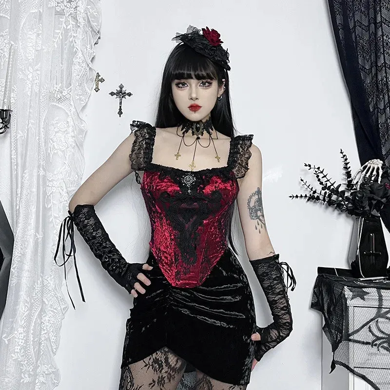 Gothic Ruched Lace Tube Victorian Crop Bustier Punk Patchwork Top