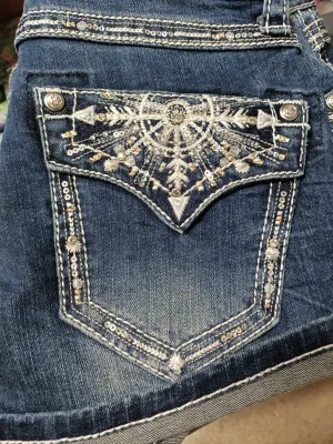 Grace in LA Ladies Stitched Arrow Embroidered Pocket Low Rise Denim Shorts - JHW_81500