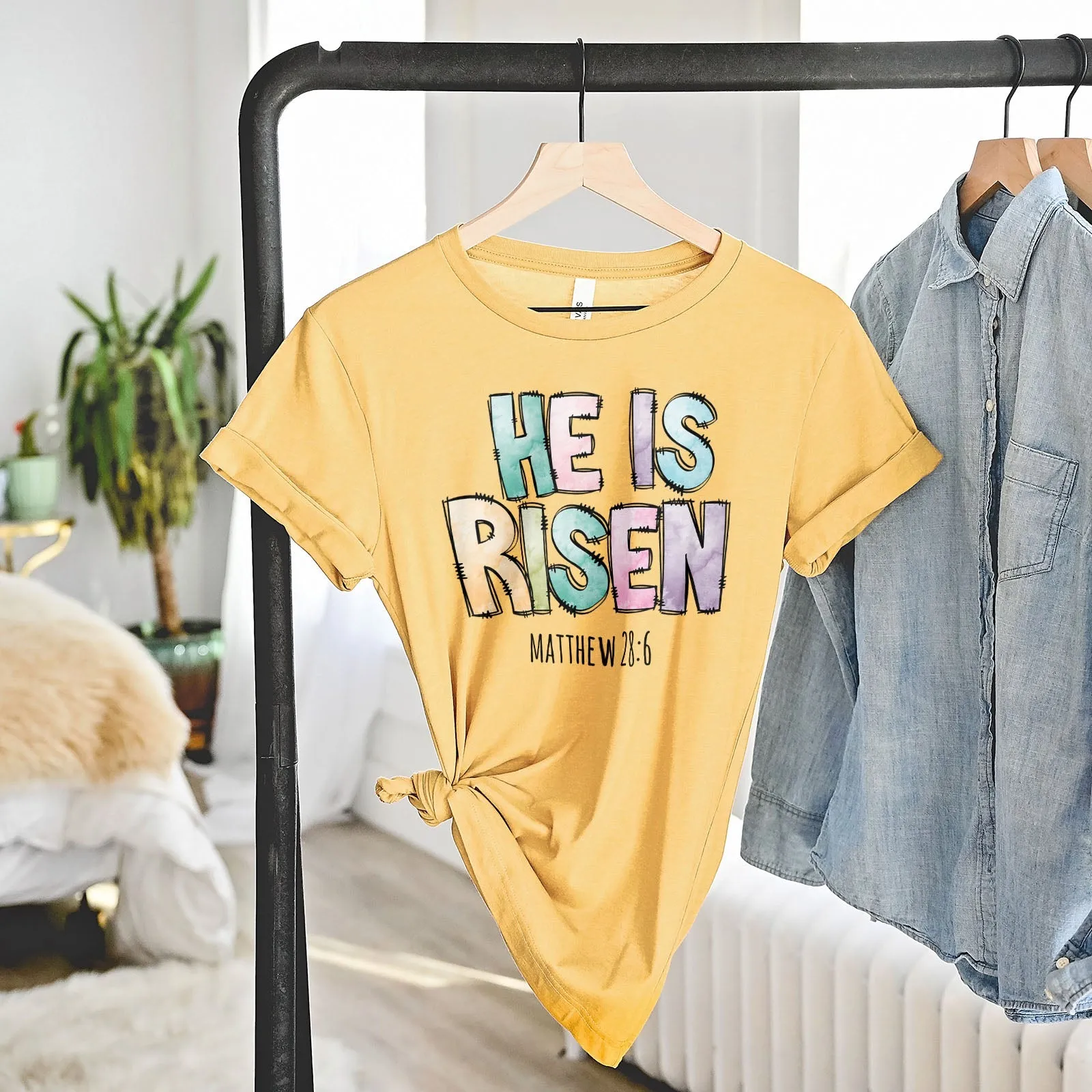 He Is Risen Easter Patchwork Tee Shirts For Women - Christian Easter T Shirts