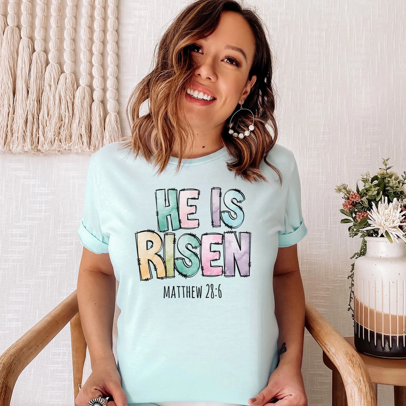 He Is Risen Easter Patchwork Tee Shirts For Women - Christian Easter T Shirts