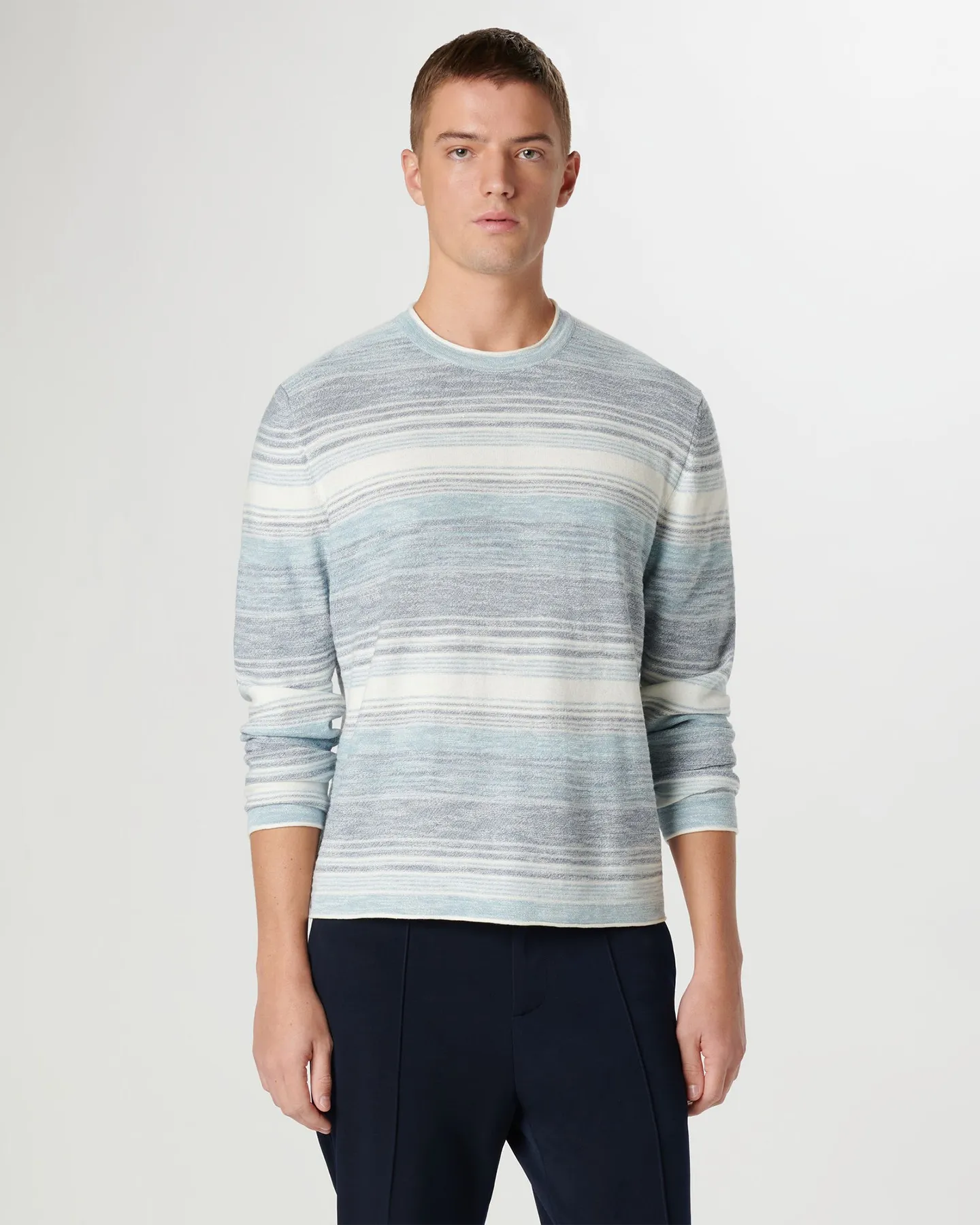 HEATHERED STRIPE PIMA COTTON CREW NECK SWEATER - SLATE