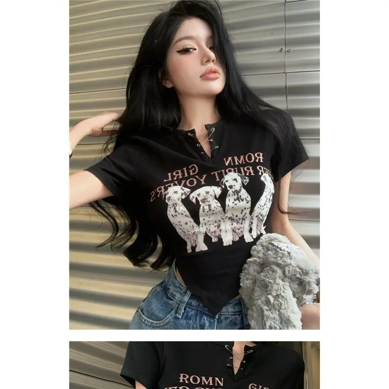 Irregular Print Black Cartoon Cropped Spicy Girl Short Sleeve Tee