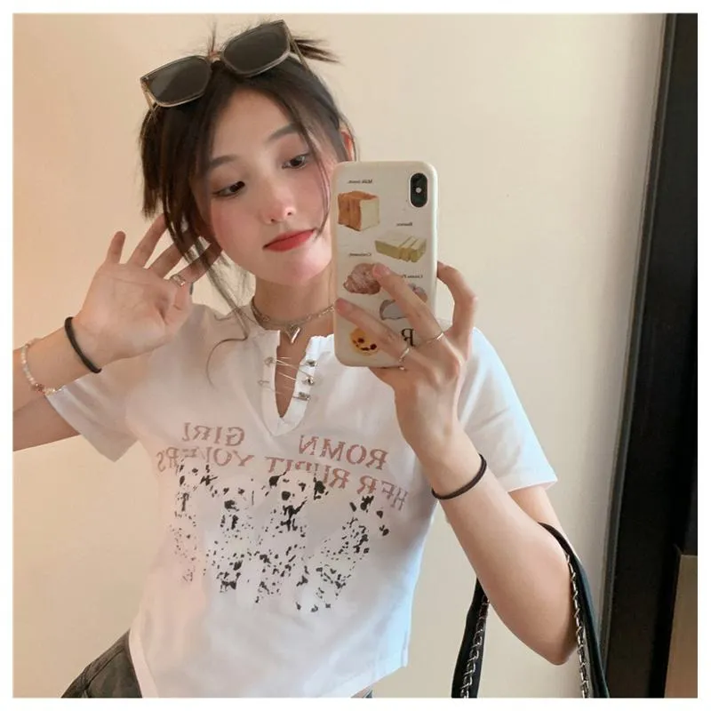 Irregular Print Black Cartoon Cropped Spicy Girl Short Sleeve Tee