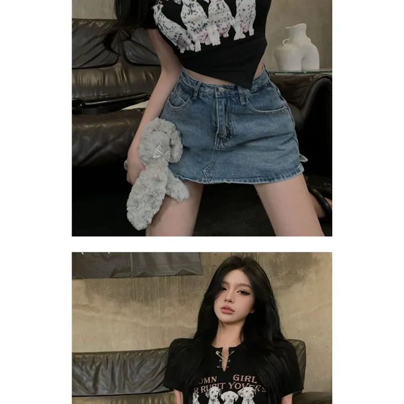 Irregular Print Black Cartoon Cropped Spicy Girl Short Sleeve Tee