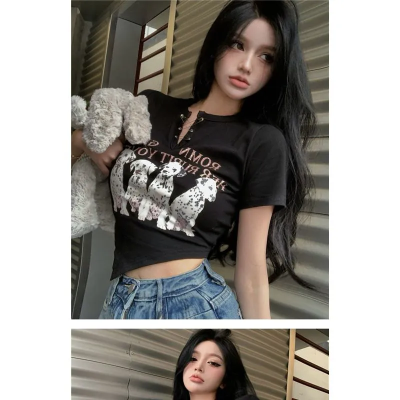 Irregular Print Black Cartoon Cropped Spicy Girl Short Sleeve Tee