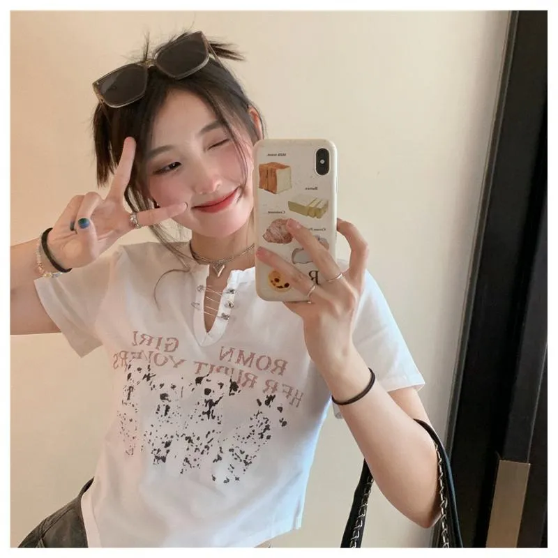 Irregular Print Black Cartoon Cropped Spicy Girl Short Sleeve Tee