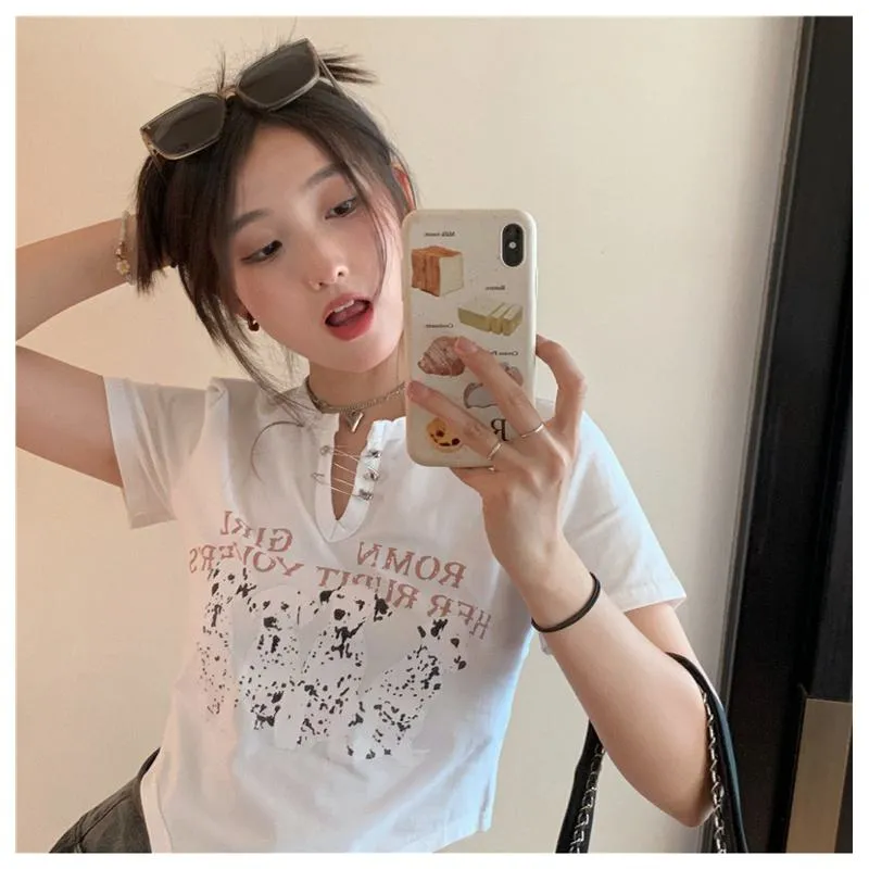 Irregular Print Black Cartoon Cropped Spicy Girl Short Sleeve Tee