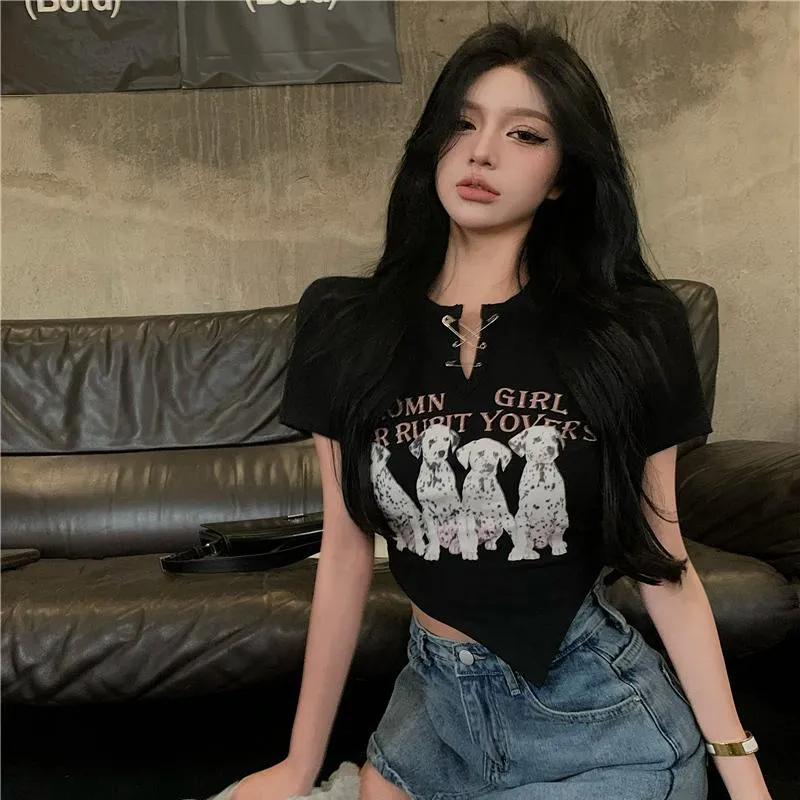 Irregular Print Black Cartoon Cropped Spicy Girl Short Sleeve Tee