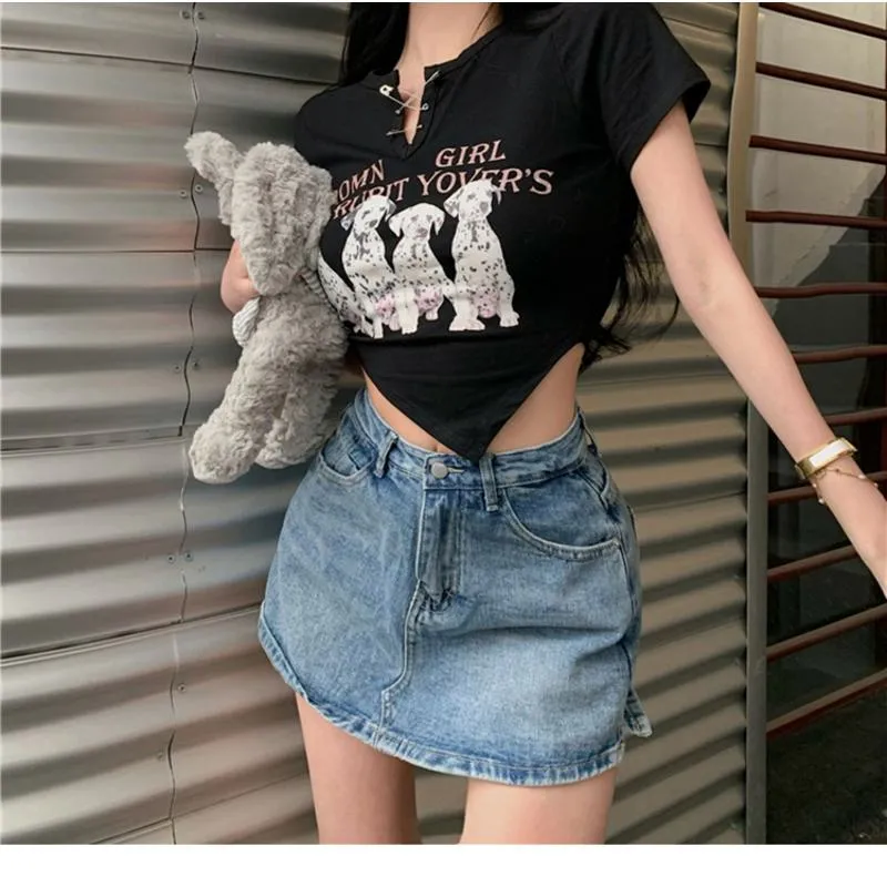 Irregular Print Black Cartoon Cropped Spicy Girl Short Sleeve Tee