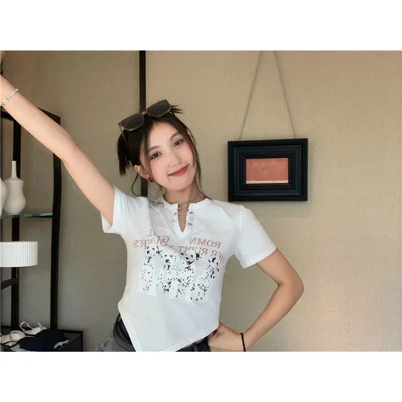 Irregular Print Black Cartoon Cropped Spicy Girl Short Sleeve Tee