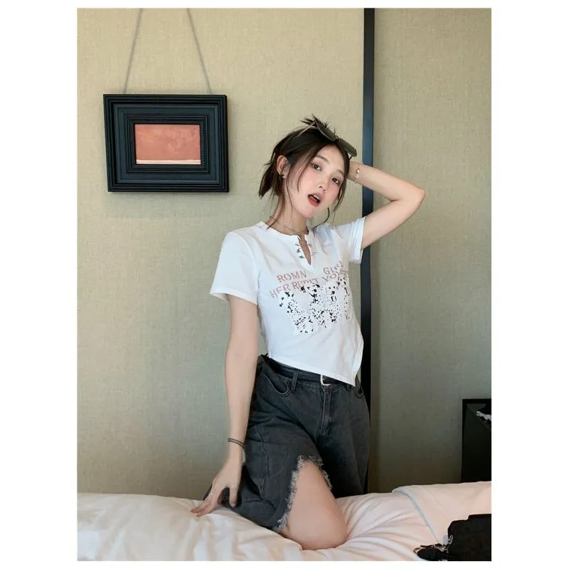 Irregular Print Black Cartoon Cropped Spicy Girl Short Sleeve Tee