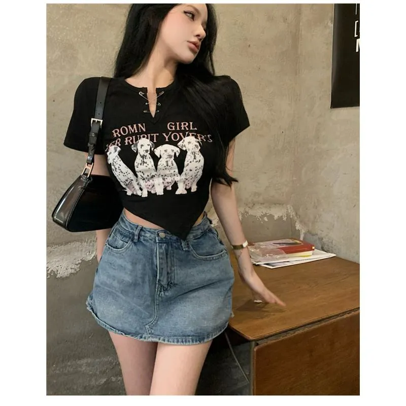 Irregular Print Black Cartoon Cropped Spicy Girl Short Sleeve Tee