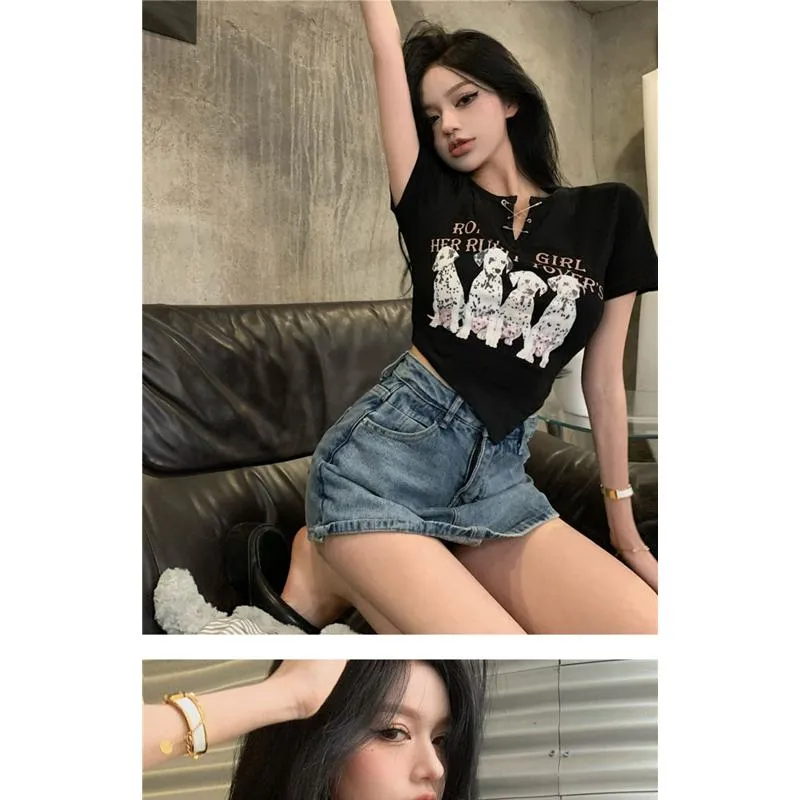 Irregular Print Black Cartoon Cropped Spicy Girl Short Sleeve Tee