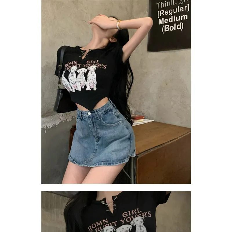 Irregular Print Black Cartoon Cropped Spicy Girl Short Sleeve Tee