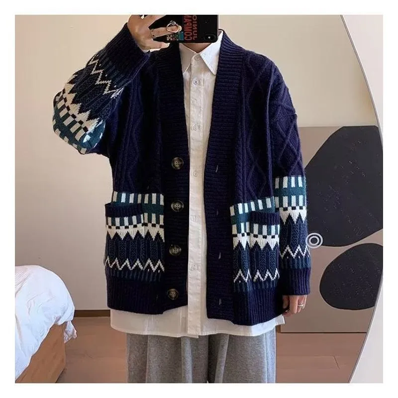 Jacquard Color-Blocking Loose-Fit Lazy Knitted Versatile Cardigan