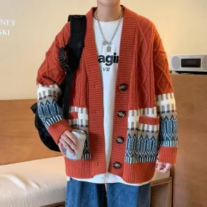 Jacquard Color-Blocking Loose-Fit Lazy Knitted Versatile Cardigan