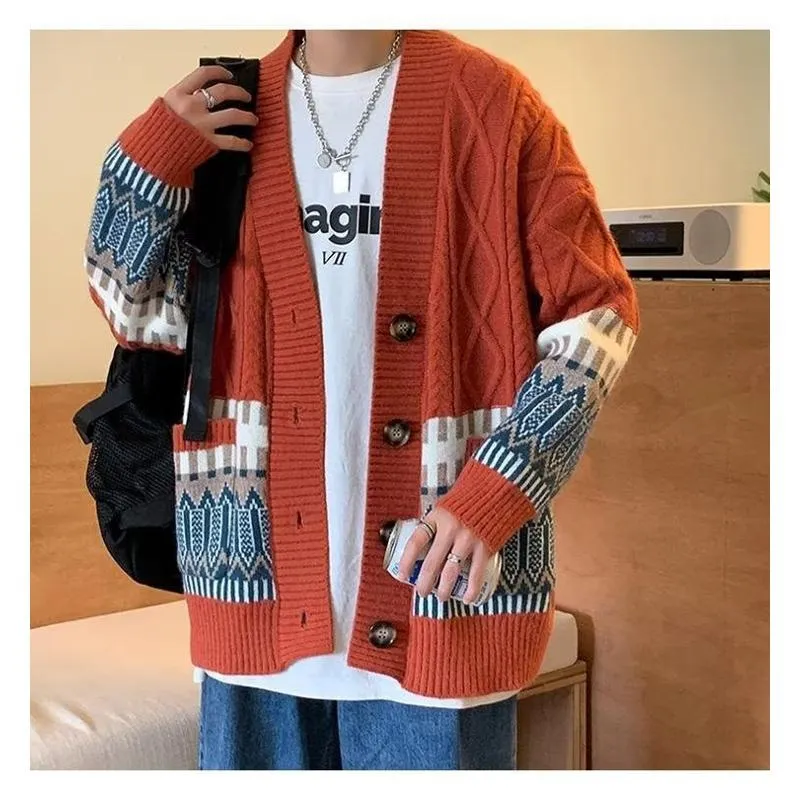 Jacquard Color-Blocking Loose-Fit Lazy Knitted Versatile Cardigan