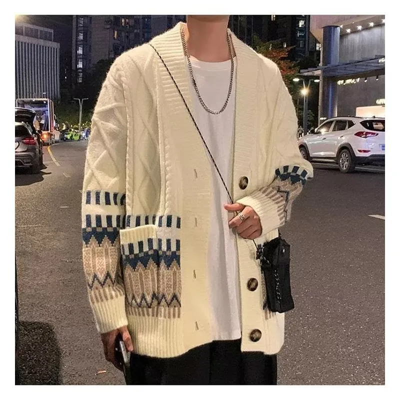 Jacquard Color-Blocking Loose-Fit Lazy Knitted Versatile Cardigan