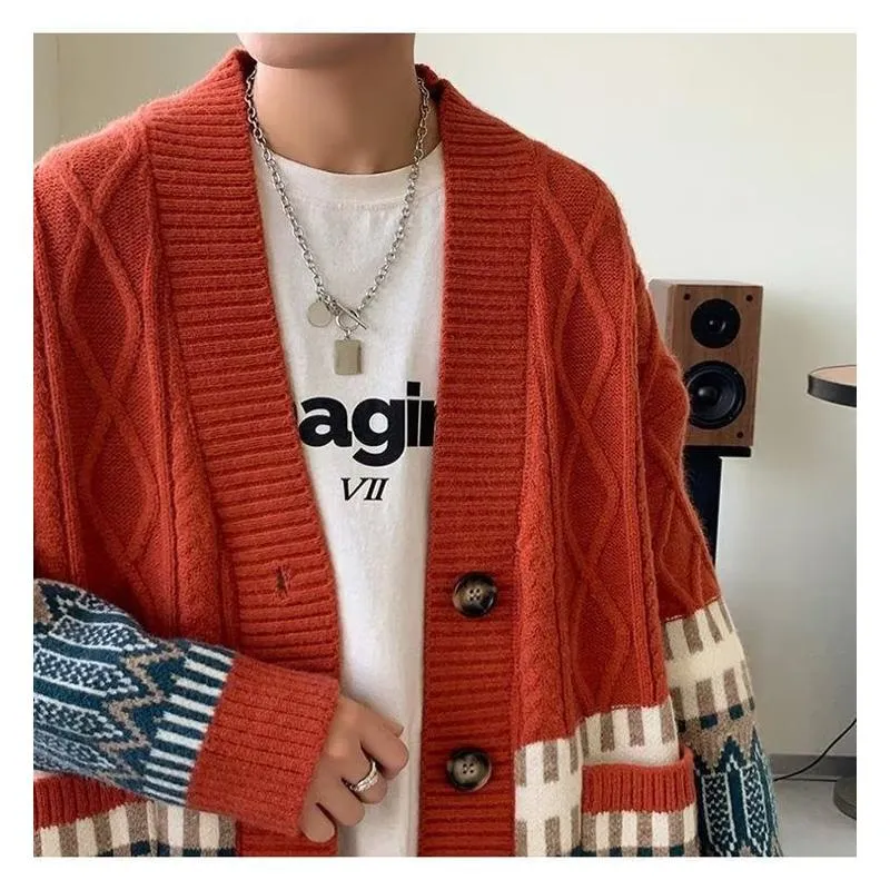 Jacquard Color-Blocking Loose-Fit Lazy Knitted Versatile Cardigan