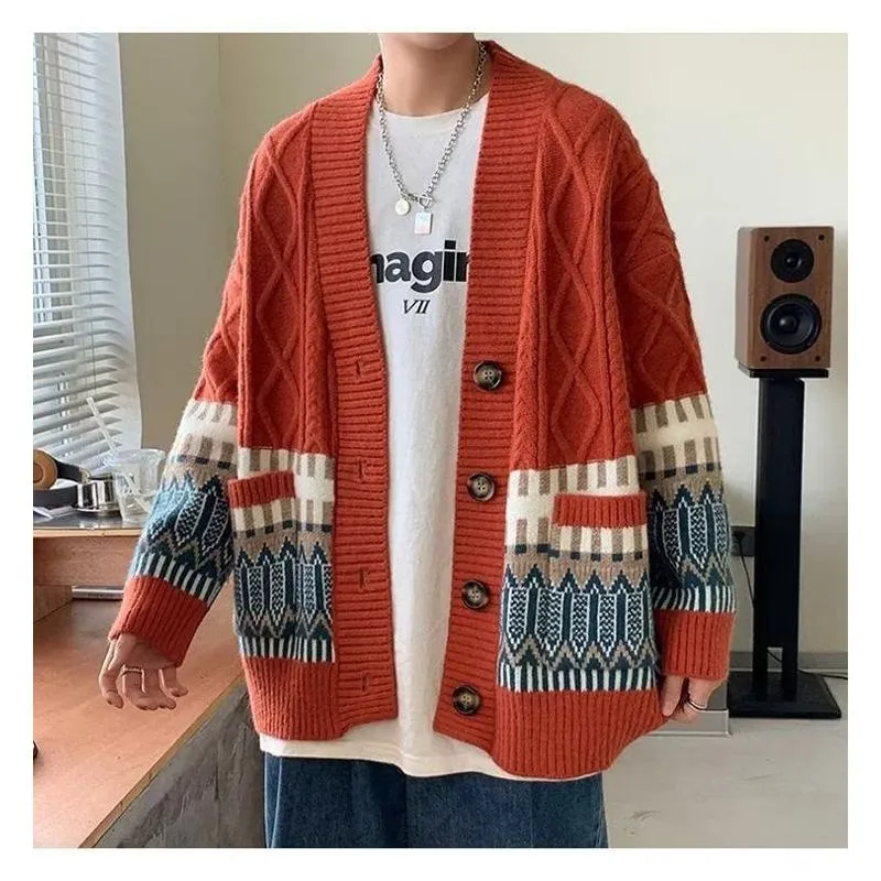 Jacquard Color-Blocking Loose-Fit Lazy Knitted Versatile Cardigan