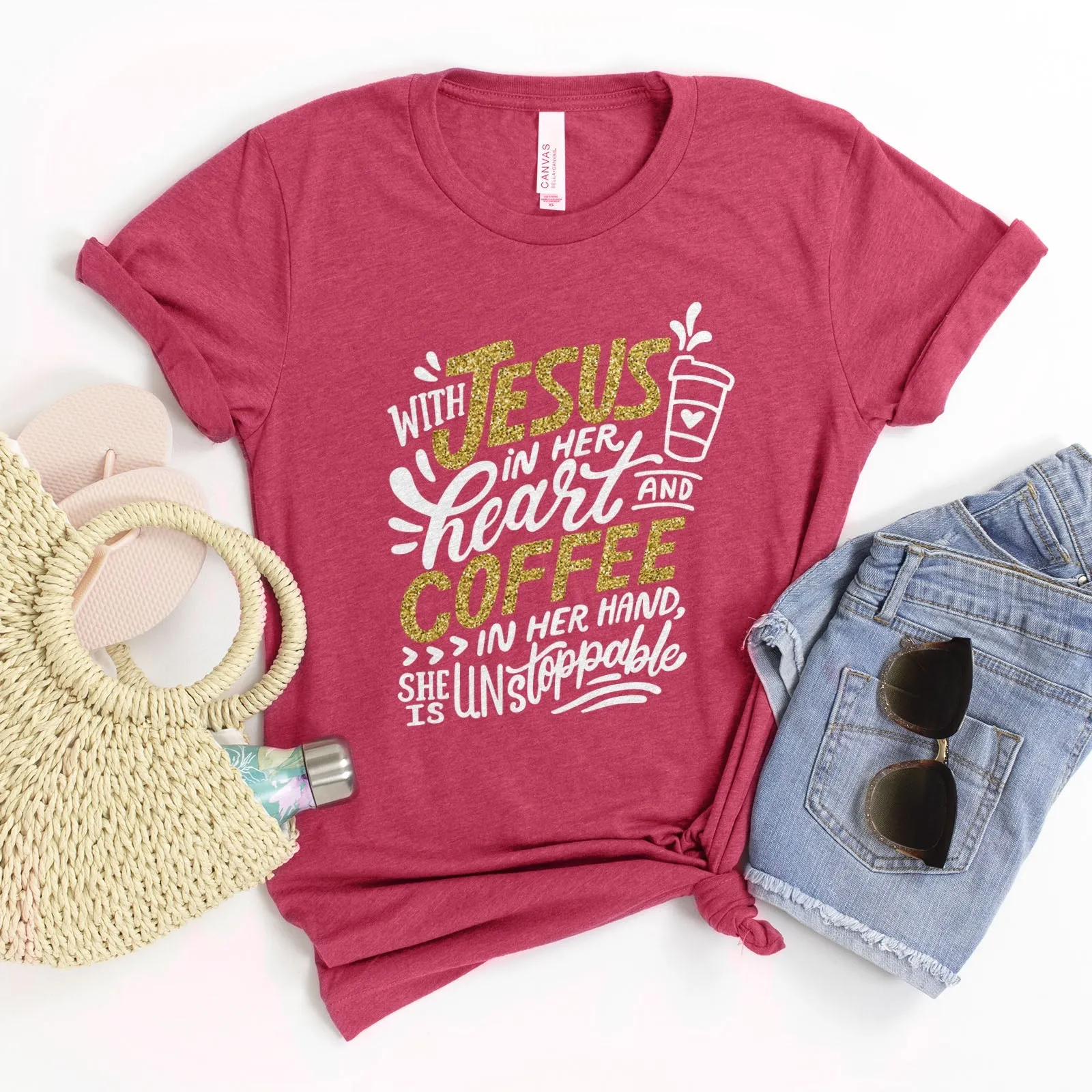 Jesus And Coffee Sparkle Tee Shirts For Women - Christian Shirts for Women - Religious Tee Shirts